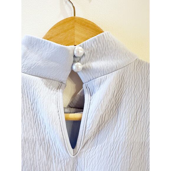 Vintage High Neck Light Blue Key Hole Button Back Boxy Short Sleeve Top Large - Picture 3 of 8